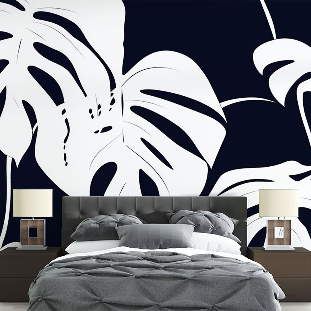 Monstera Wallpaper | White Monstera Leaves on Black Background