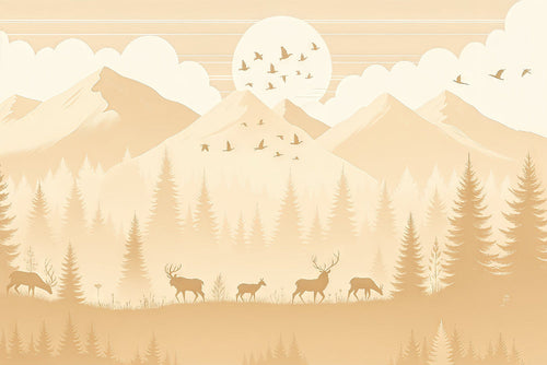 Baby Mountain Wallpaper | Beige Firs and Animals Mural