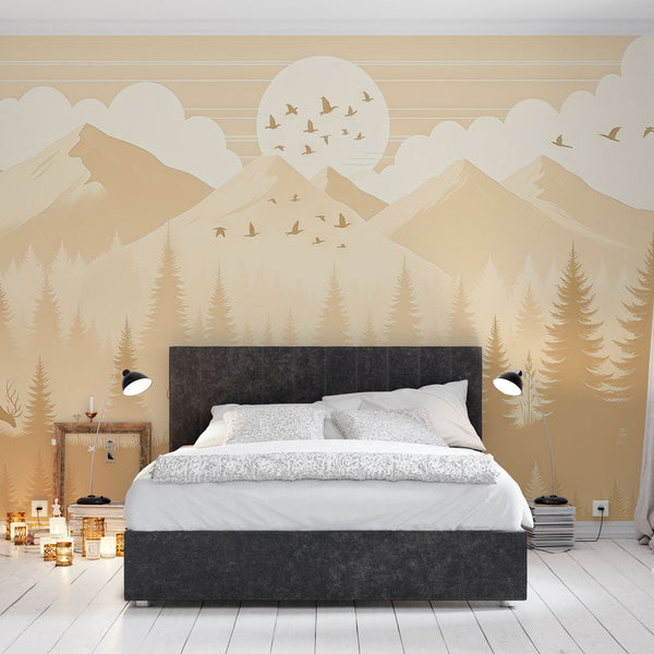 Baby Mountain Wallpaper | Beige Firs and Animals Mural