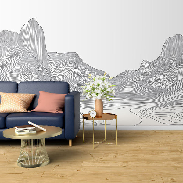 Minimalist Mountain Wallpaper | Black & White Wavy Outlines Wall Mural