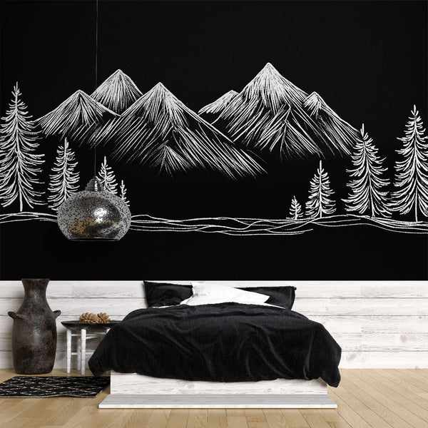 Mountain Wallpaper | White Mountain Silhouettes on Black