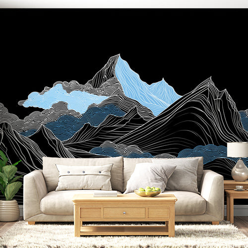 Abstract white mountain outlines wallpaper with blue sky on black