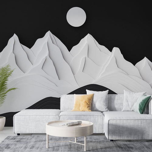 Abstract mountains wallpaper with layered monochrome peaks in relief on black for modern loft