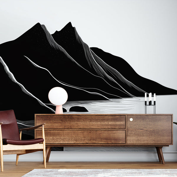 Minimalist Mountain Wallpaper | Black & White Silhouettes Wall Mural