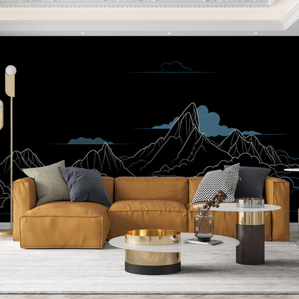 Mountain Wallpaper | White Peaks and Sky-Blue Clouds on Black