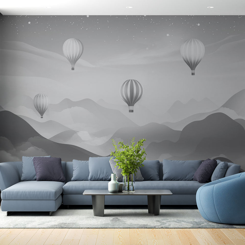 Hot Air Balloon Wallpaper | Black White Starry Sky Mural