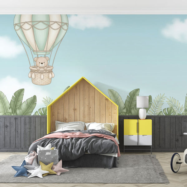 Hot Air Balloon Wallpaper | Bear and Tropical Leaf Wall Mural