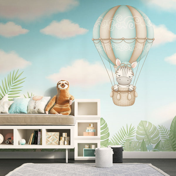 Zebra Balloon Wallpaper | Pastel Sky Kids Wall Mural