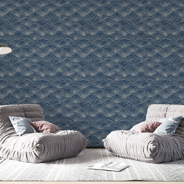 Elegant Wave Wallpaper | White Waves on Navy Blue Wall Mural