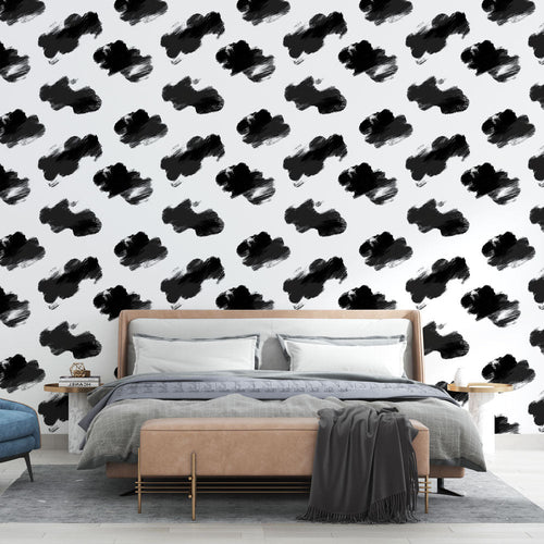 Abstract clouds wallpaper with painterly black brushstrokes on clean white background