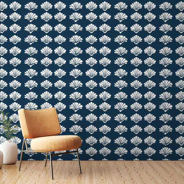 Seashell Wallpaper | Elegant White Shells on Navy Blue