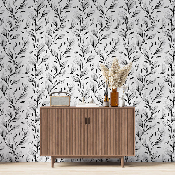 Leaf Wallpaper | Elegant Black Foliage on Pure White