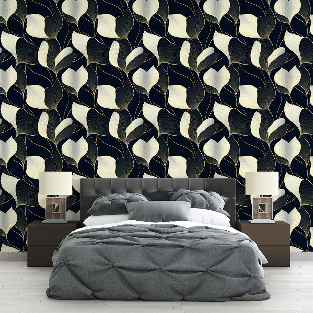 Black & White Leaves Wallpaper | Dark Wall Mural