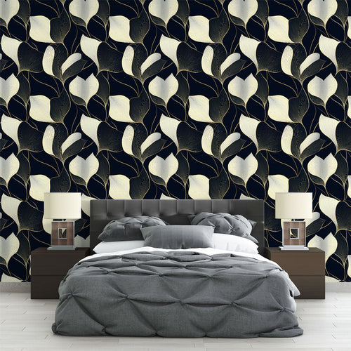 Black and white leaves wallpaper on dark background for sophisticated modern lounge