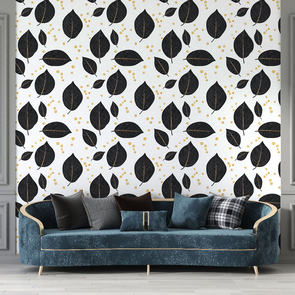 Leaf Wallpaper | Black Leaves & Gold Wall Mural