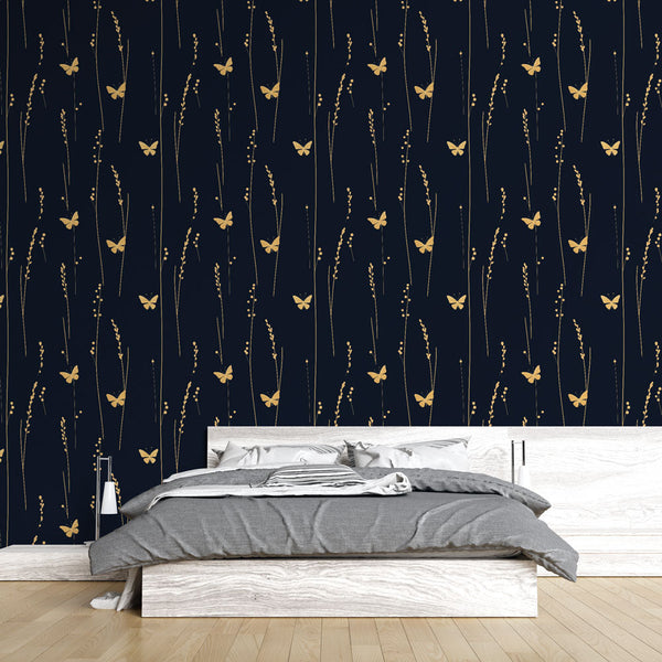 Butterfly Pattern Wallpaper | Gold Wings on Midnight Blue