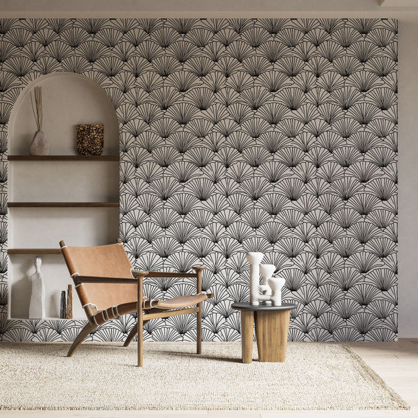 Fan Pattern Wallpaper | Black & White Semicircles Wall Mural