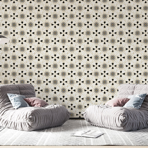 Black and cream floral wallpaper with stylized blooms for refined modern home office