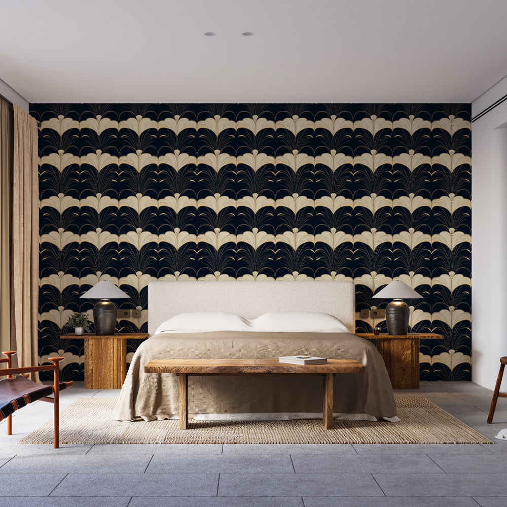 Ivory Florals Wallpaper | Midnight Blue Wall Mural