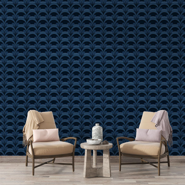 Floral Wallpaper | Navy Blue Stylized Blooms on Dark Wall Mural
