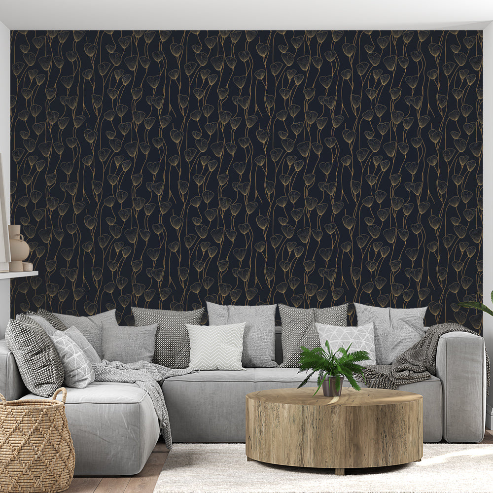 Navy Floral Wallpaper | Gold Drawings Wall Mural