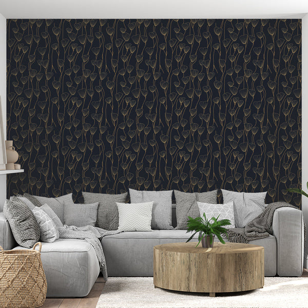 Navy Floral Wallpaper | Gold Drawings Wall Mural
