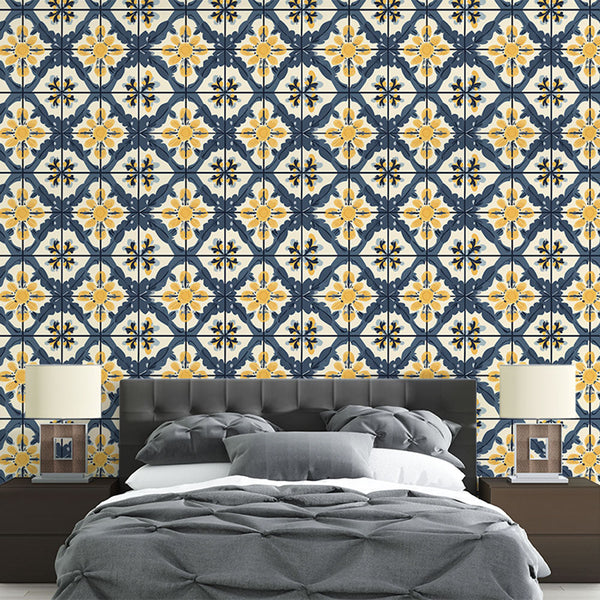 Geometric Floral Wallpaper | Yellow Navy Wall Mural