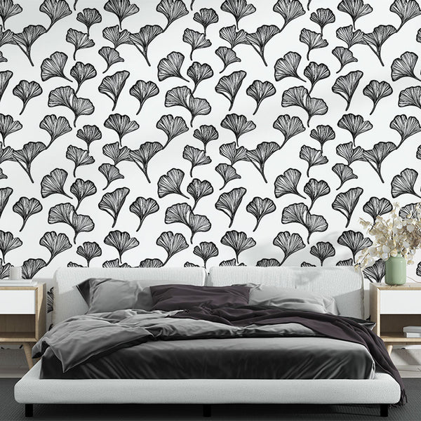 Ginkgo Wallpaper | Refined Black Leaves Wall Mural on White