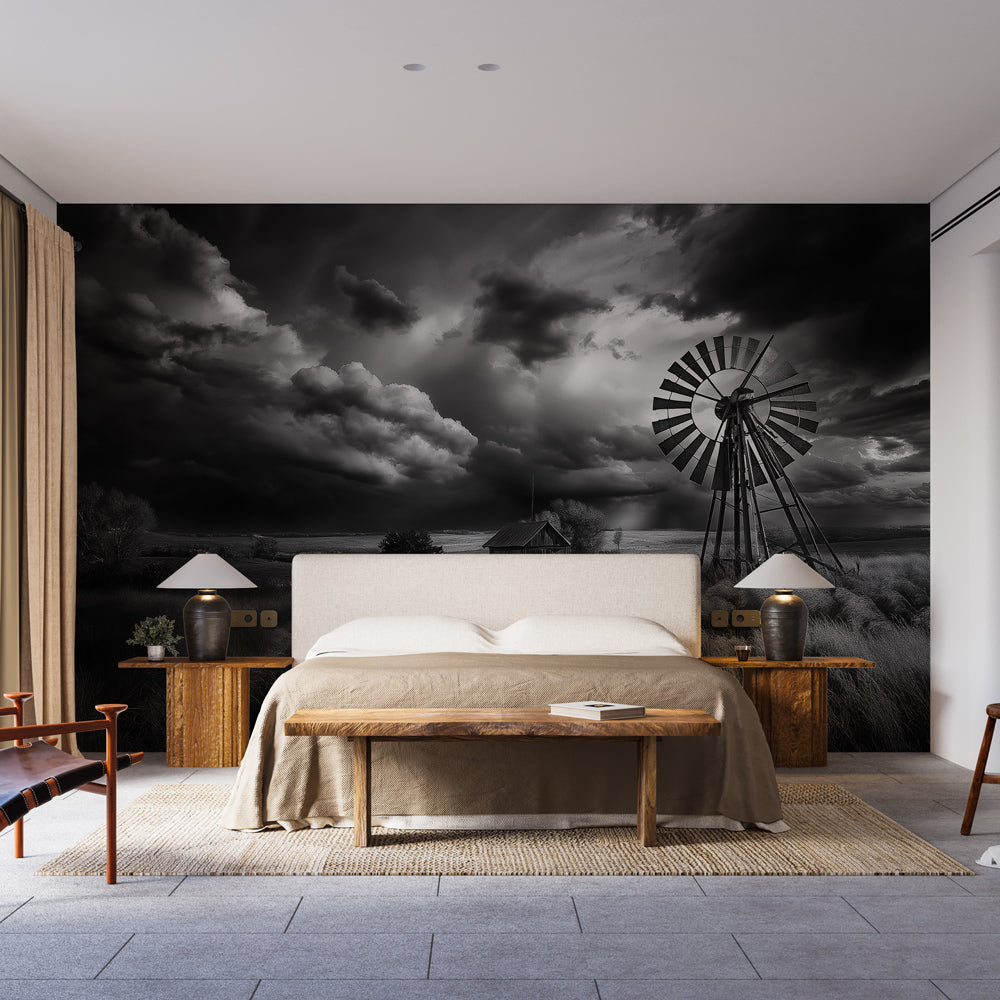 Dramatic Windmill Wallpaper Black White Mural