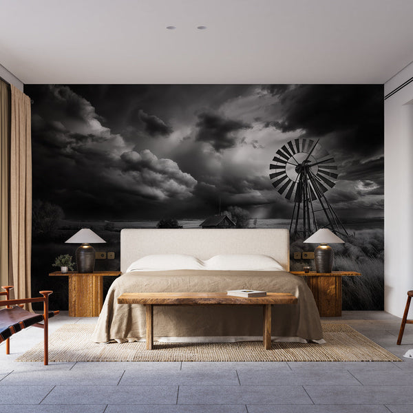 Dramatic Windmill Wallpaper Black White Mural