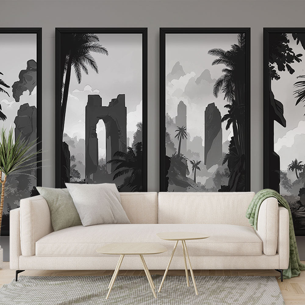 Black and White Ancient Ruins Landscape Wallpaper Mural