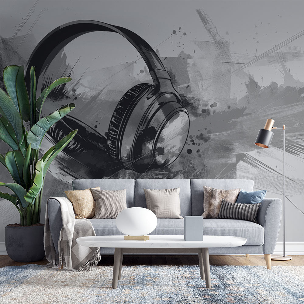 Music Wallpaper | Black White Graffiti Headphones Mural