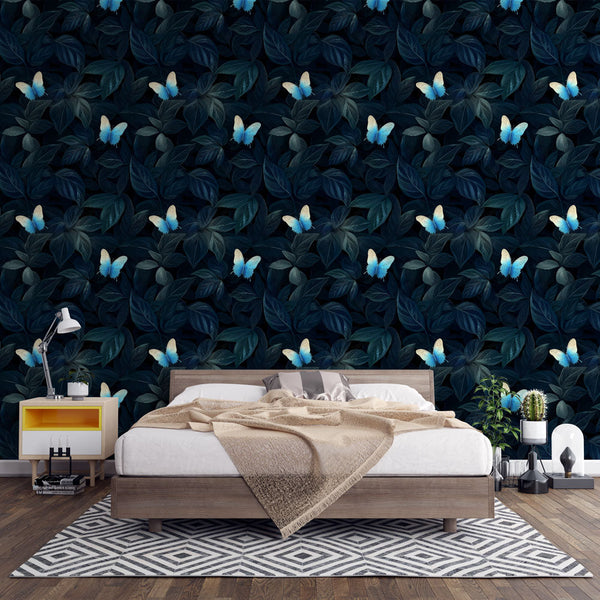 Nature Wallpaper | Blue Butterflies on Dark Leafy Ground