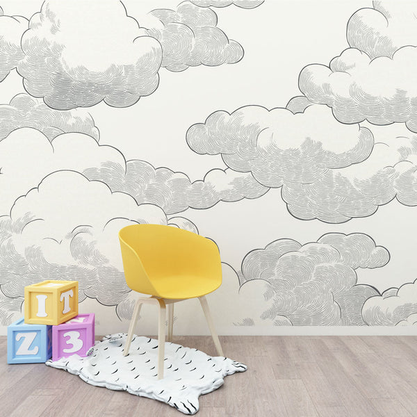 Graphic Cloud Wallpaper - Modern Black and White Sky Mural