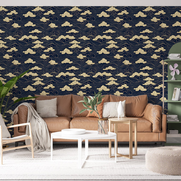 Cloud Wallpaper | Traditional Cloud Wall Mural on Navy Blue