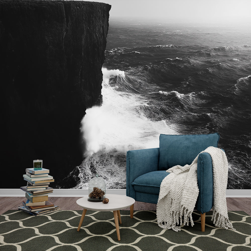 Black White Ocean Cliff Wallpaper | Wave Wall Mural