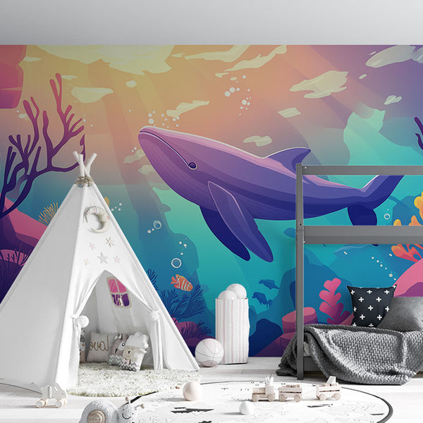 Oceanic Wallpaper | Whale and Colorful Corals Mural