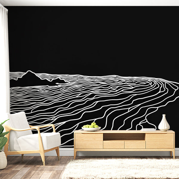 Ocean Wallpaper | White Wave Lines Black Wall Mural