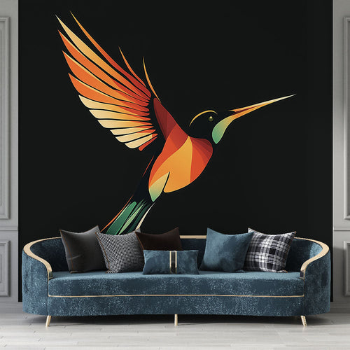 Bird wallpaper with stylized orange green hummingbird on dramatic black background