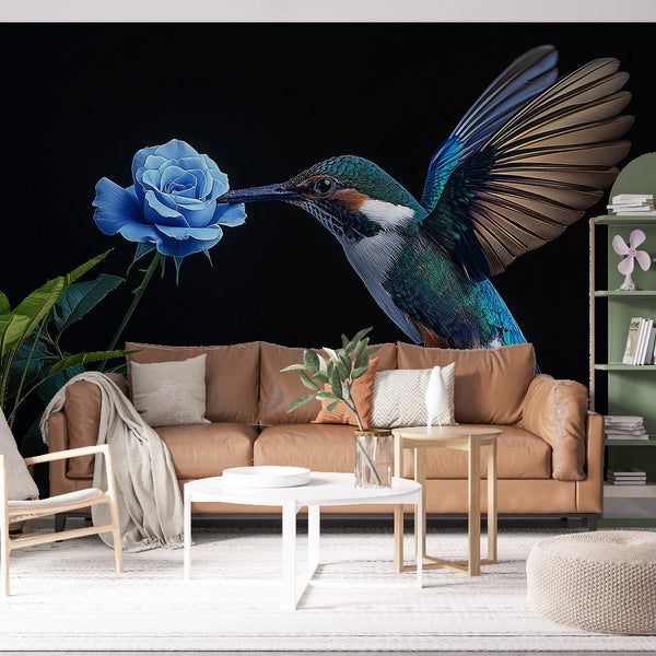 Bird Rose Wallpaper | Vibrant Hummingbird Feeding on Blue Rose