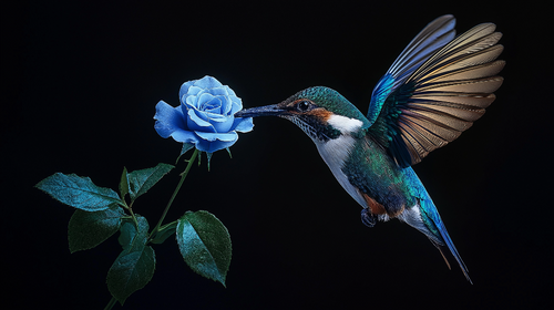 Bird Rose Wallpaper | Vibrant Hummingbird Feeding on Blue Rose