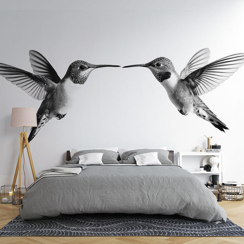 Two hummingbirds in flight wallpaper on white background black and white