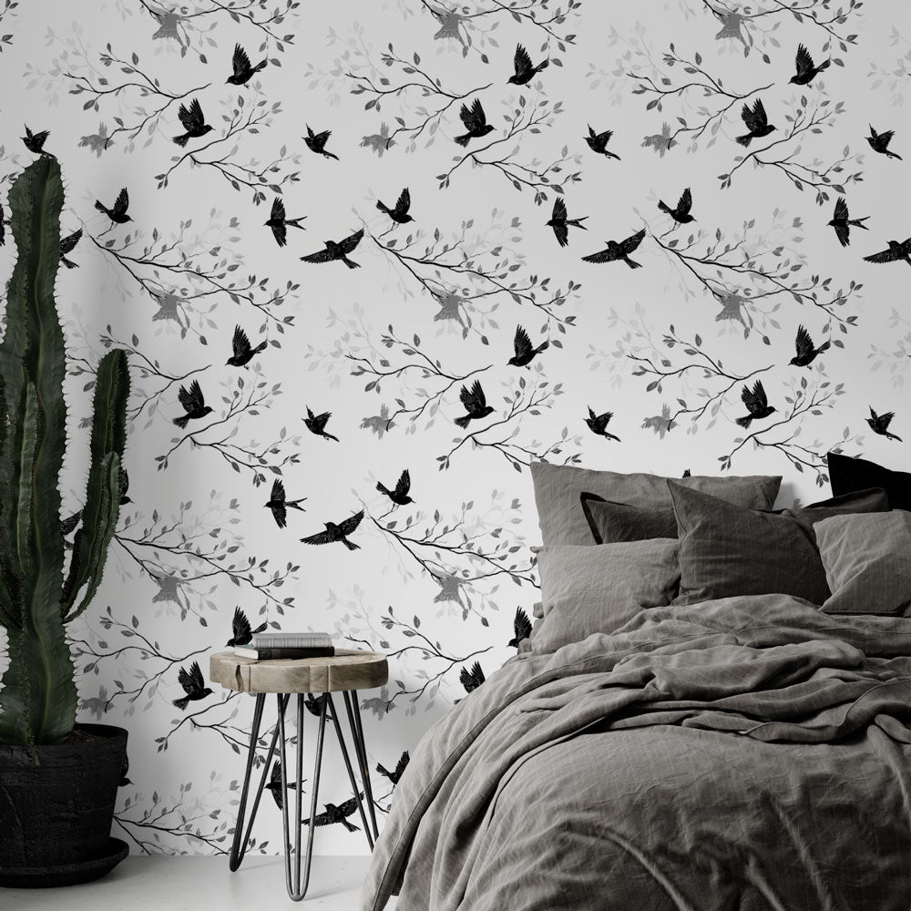 Birds and Branches Wallpaper | Black Flock on White