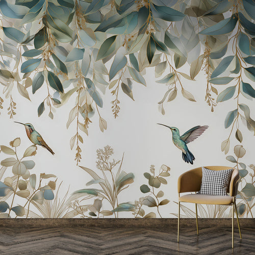 Bird wallpaper with hummingbirds perched among green and blue leaves