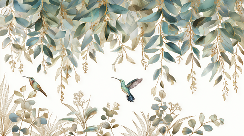 Bird and Foliage Wallpaper | Hummingbirds on Fine Leaves
