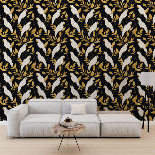 Black wallpaper with white birds on branches and golden leaves