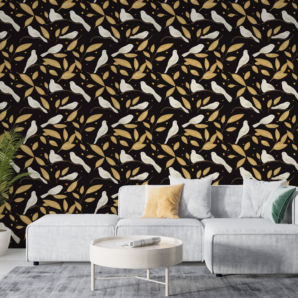 Bird Wallpaper | White Doves and Gold Leaves on Black