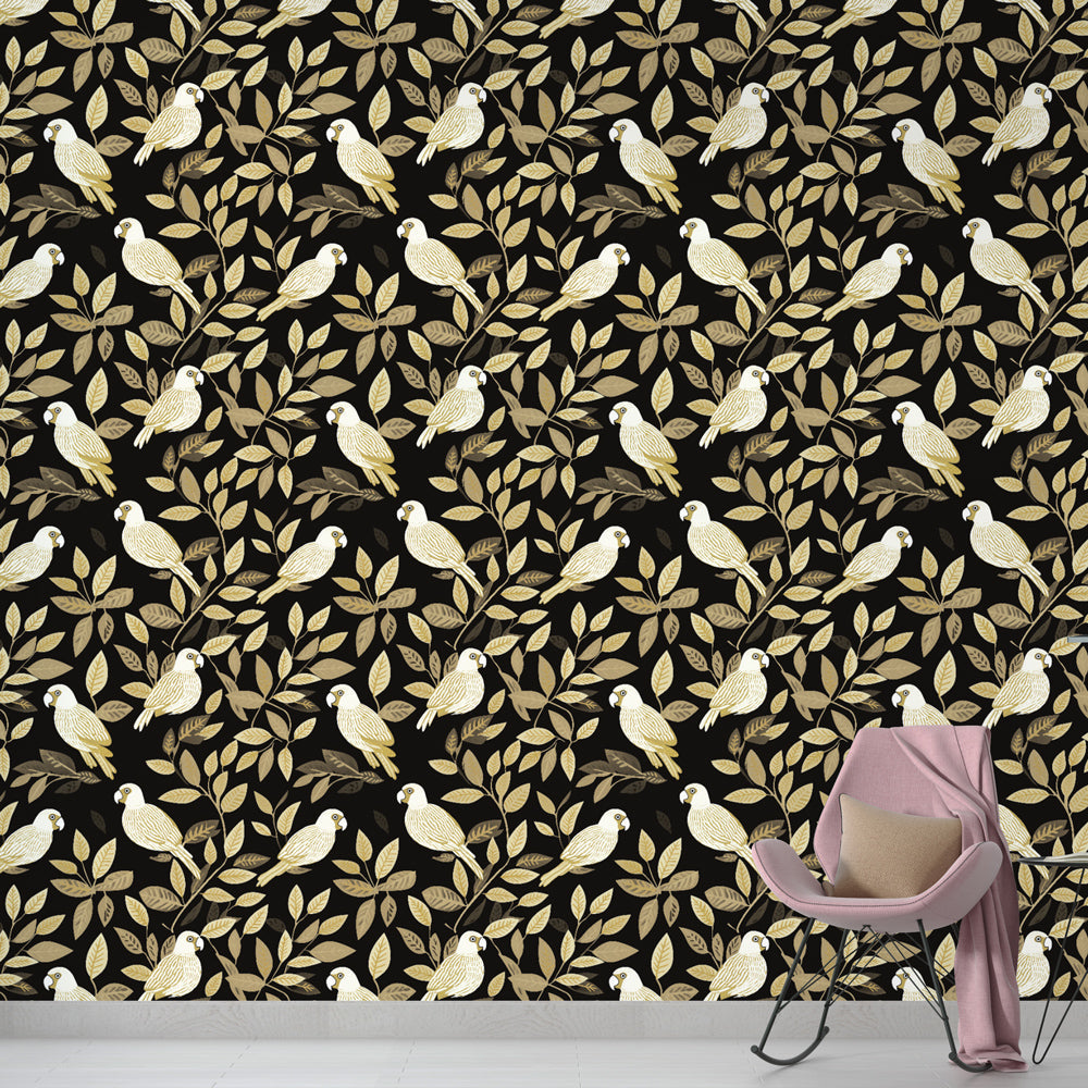 Parrot Wallpaper | White Birds and Gold Leaves on Black
