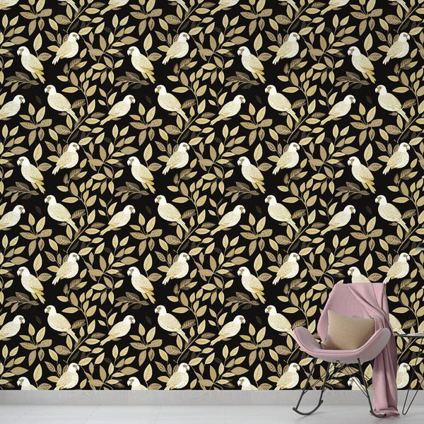 Parrot Wallpaper | White Birds and Gold Leaves on Black