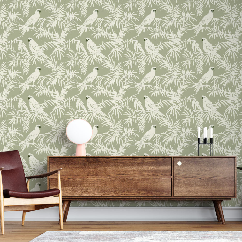 Parrot Wallpaper | Sketched Birds on Soft Pale Green